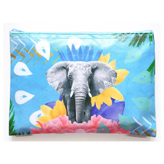 【Kangarui】ゾウ柄 化粧ポーチ 撥水 薄型 Mサイズ | ケニアアート ラミネート 小物入れ サファリポーチ Proud Tembo プラウドテンボ M