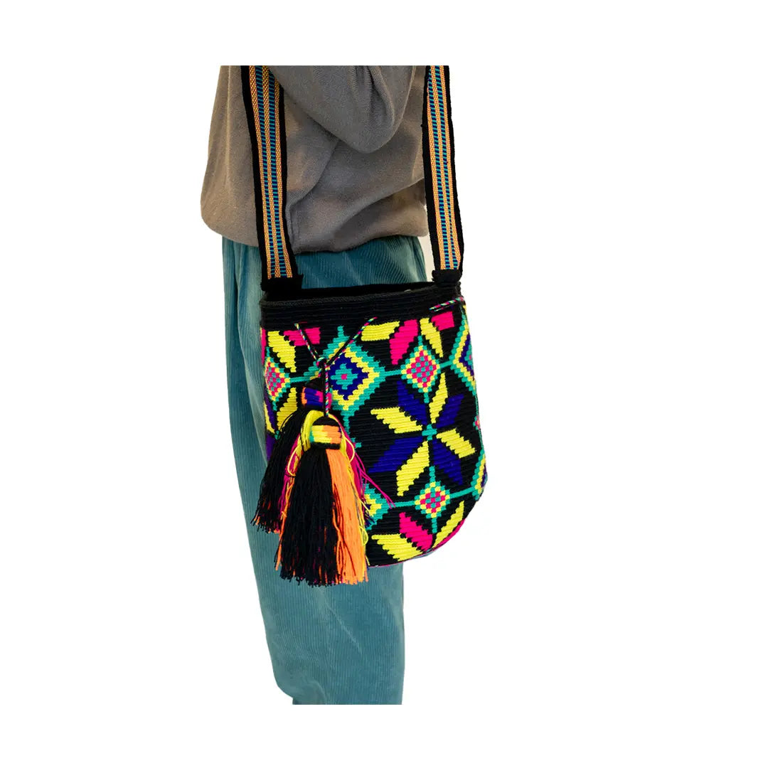 La Narrativa: Colombian Indigenous Wayuu Handwoven Mochila Dos Eblas Special Large Black Yellow | One-of-a-Kind Fairtrade Shoulder Bag