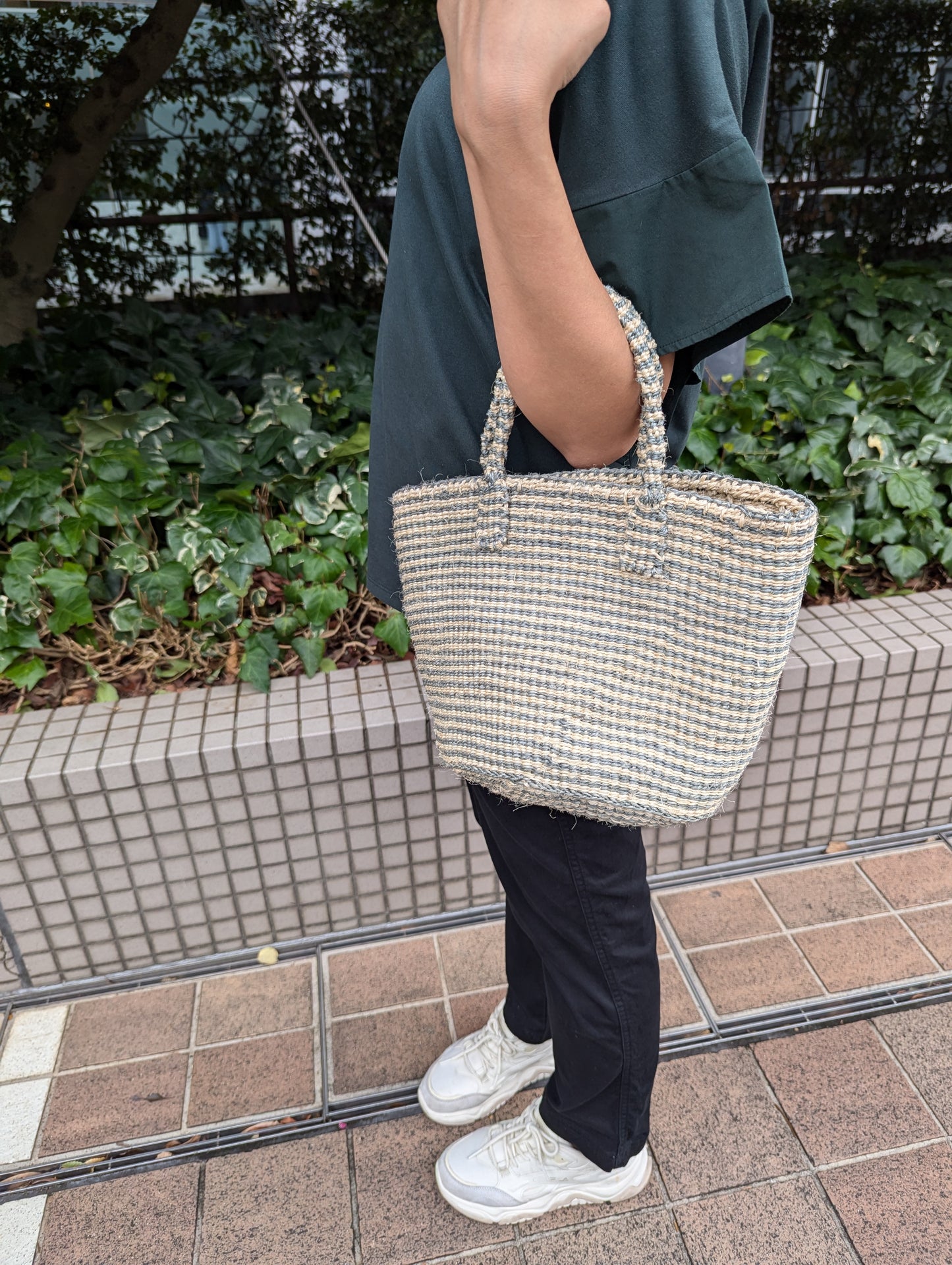 CROSS TRADE Sisal Bag, Border, Natural Gray, 8 inches | Large Capacity, Made in Kenya, Ethical