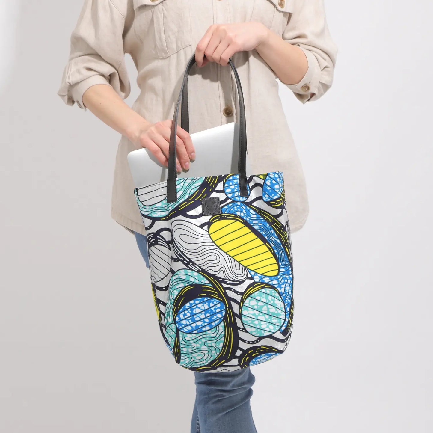 KARL&C African Reversible Bag | Nigerian Ankara Fabric, Large Capacity, A4 Size, Leather Handle, Durable