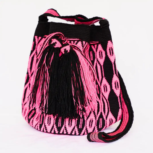 La Narrativa: Colombian Indigenous Wayuu Handwoven Mochila Unaebla Bag, Size M, Pink/Black | One-of-a-Kind Fairtrade Shoulder Bag