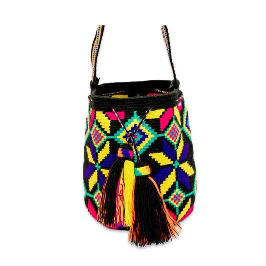 La Narrativa: Colombian Indigenous Wayuu Handwoven Mochila Dos Eblas Special Large Black Yellow | One-of-a-Kind Fairtrade Shoulder Bag